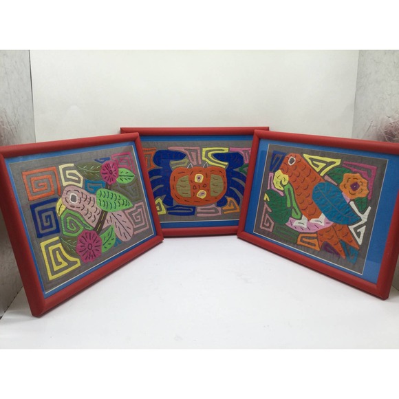 Lot of 3 Framed Tovala Patchwork Textile Embroidery Art